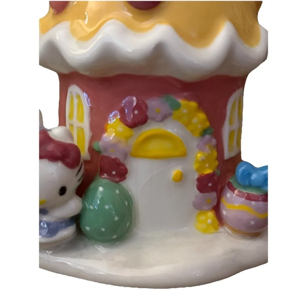 Hello Kitty Easter Egg House Figurine Yellow Ceramic Blue Sky Embossed